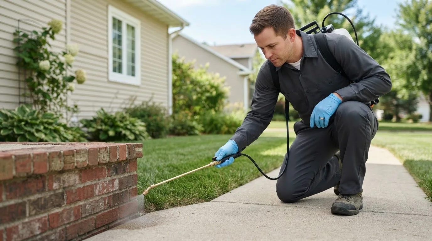 Pest control technician treating a home near Rome, OH
