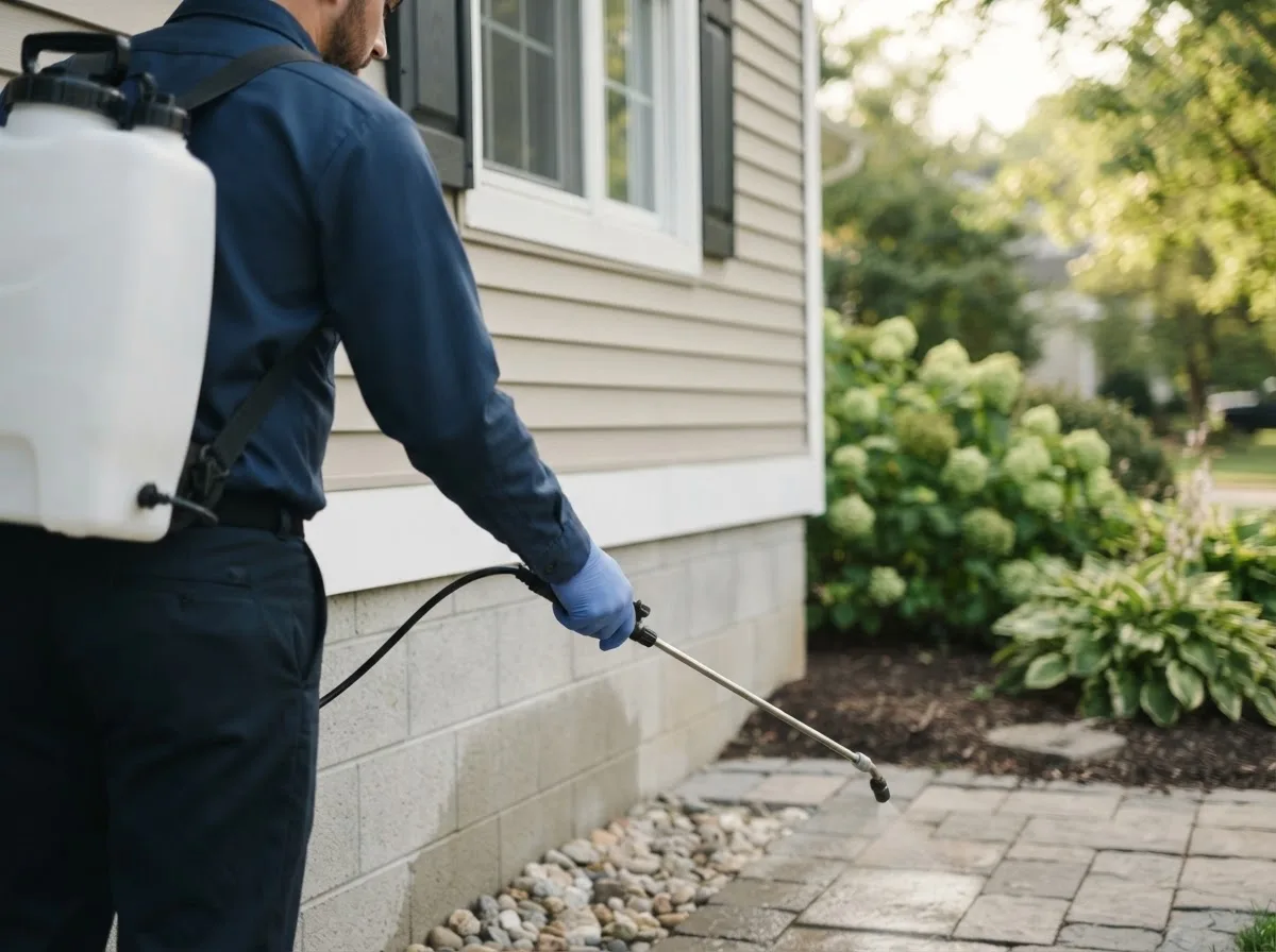 Pest control technician inspecting a home in Rome, OH